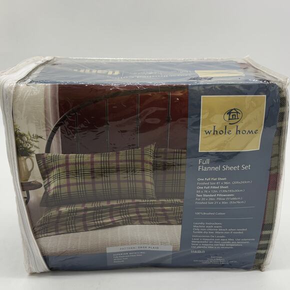 Vintage Whole Home Flannel Full Sheet Set Sage Plaid 100% Brushed Cotton Bedding - Picture 3 of 6